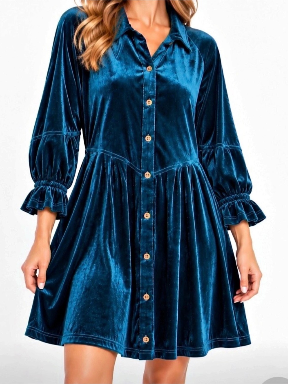 Umgee Peacock Blue Velvet Button Front Midi Dress Size L Large